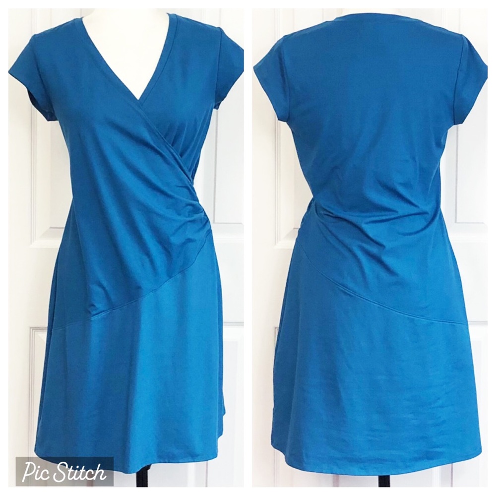 Athleta Sporty Blue Cap Sleeve Ruched Faux Wrap Nectar Athletic Dress MP